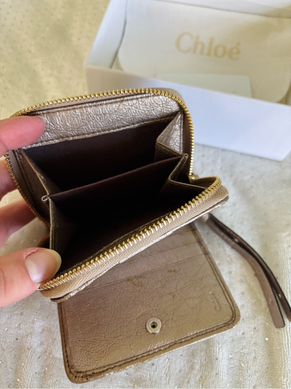 Chloé Square Leather Wristlet in Shimmery Taupe with Champagne/Gold Logo - Picture 7 of 9